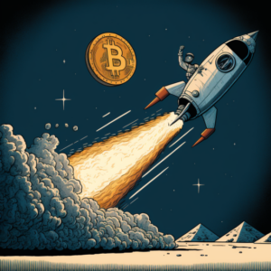 davea a comics illustration of bitcoin flying on a rocket to th d7ae8f90 0e77 4b45 b54d 66a745ddfe71