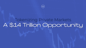 Title slide with the text "Tokenizing Private Markets – A $14 Trillion Opportunity" over a blue background with financial chart patterns.