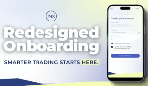 A smartphone screen showing the INX account creation interface with the headline “Redesigned Onboarding” and the tagline “Smarter Trading Starts Here.”