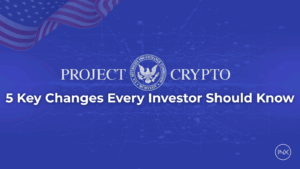 Blue banner with the U.S. SEC seal in the center, the words “PROJECT CRYPTO” on either side, and the text “5 Key Changes Every Investor Should Know” below. American flag graphic at the top left and INX logo at the bottom right.