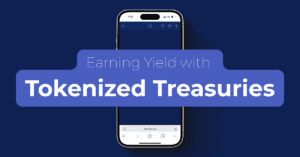 A smartphone displaying the INX platform with the text “Earning Yield with Tokenized Treasuries” on a dark blue background.