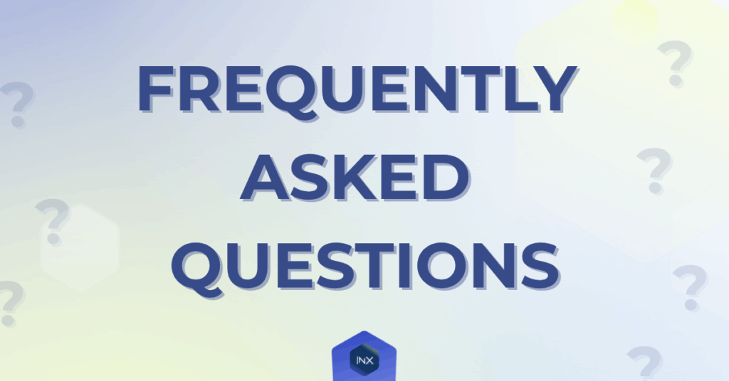 Blue gradient background with the large bold title “Frequently Asked Questions” centered on the image. Subtle question mark icons appear in the background with the INX logo at the bottom center.