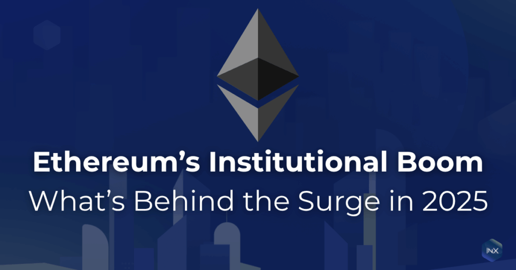 Ethereum symbol above headline text reading “Ethereum’s Institutional Boom: What’s Behind the Surge in 2025” on a blue gradient cityscape background.