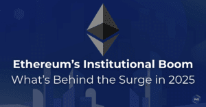 Ethereum symbol above headline text reading “Ethereum’s Institutional Boom: What’s Behind the Surge in 2025” on a blue gradient cityscape background.