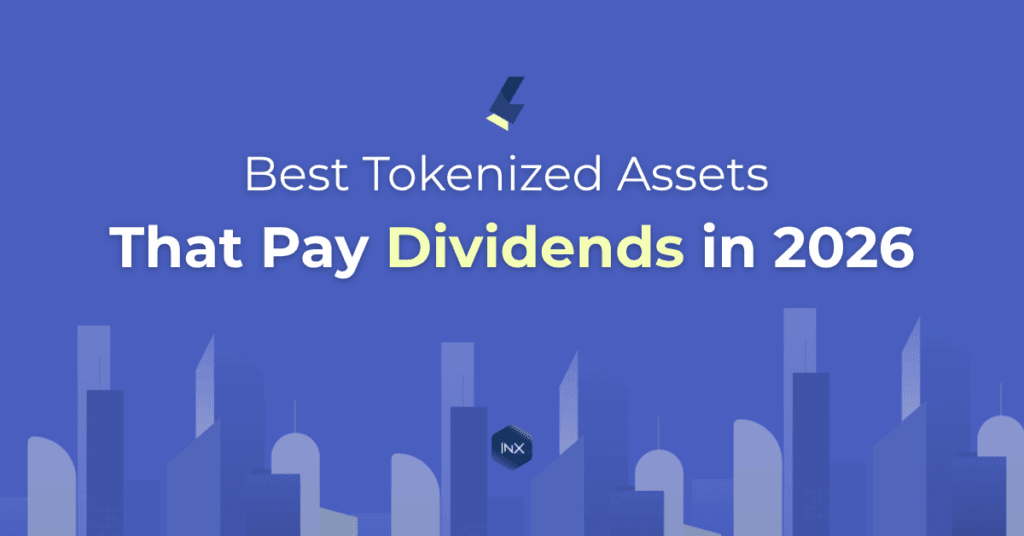Infographic header with the text “Best Tokenized Assets That Pay Dividends in 2026” displayed over a modern city skyline in blue tones, representing growth and innovation in digital finance.